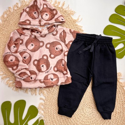 INVERNO 2025 - Conj. Ursinhos Casaco com capuz em Plush e Calça Moletom Preto